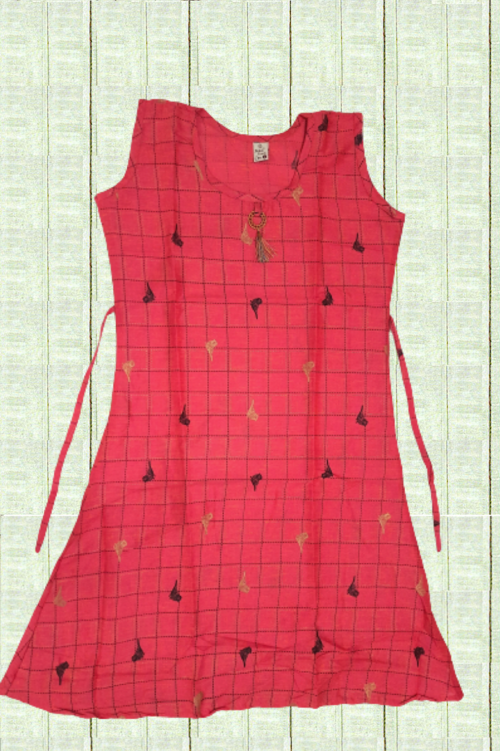  Checked Printed Bird Rose Kurti Rose